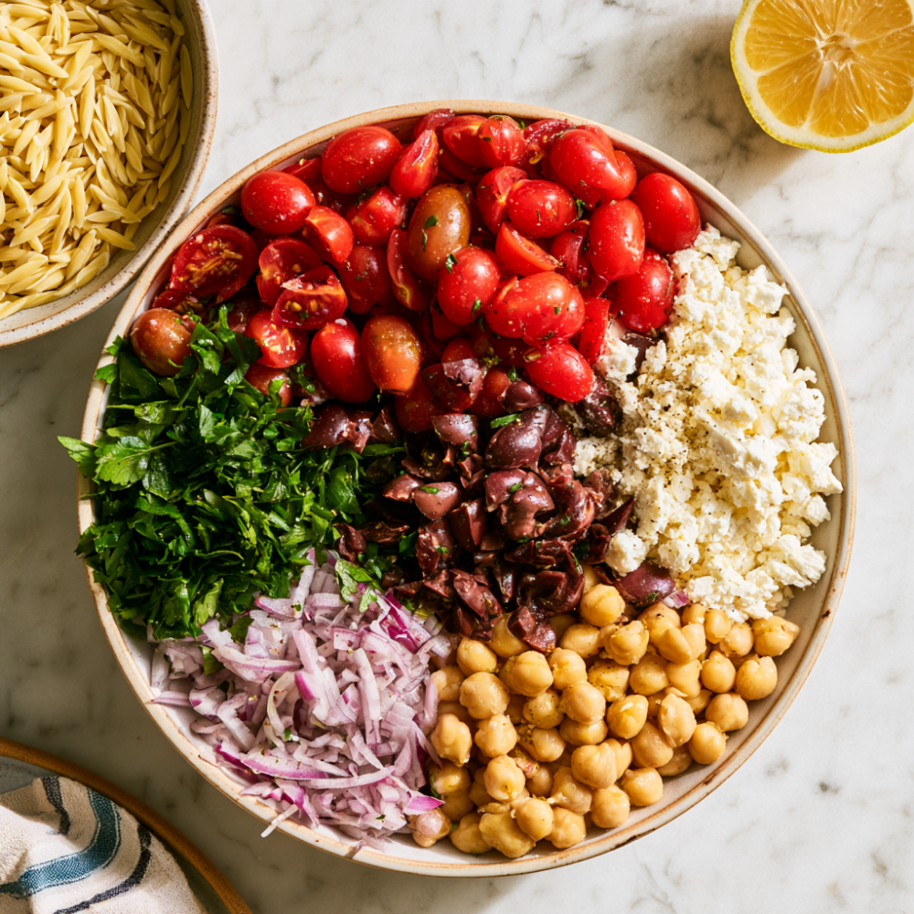 Mediterranean Orzo Salad Recipe-Before Mixing