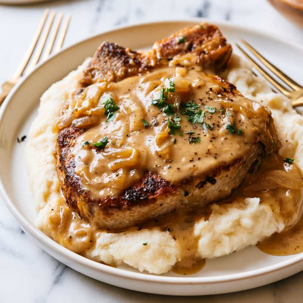 One-Skillet Smothered Pork Chops over mashed potato