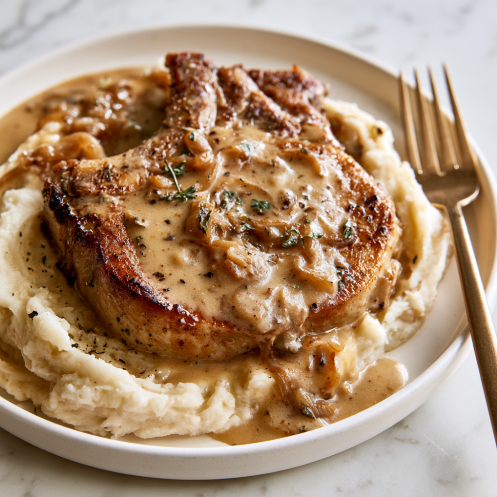 One-Skillet Smothered Pork Chops-served