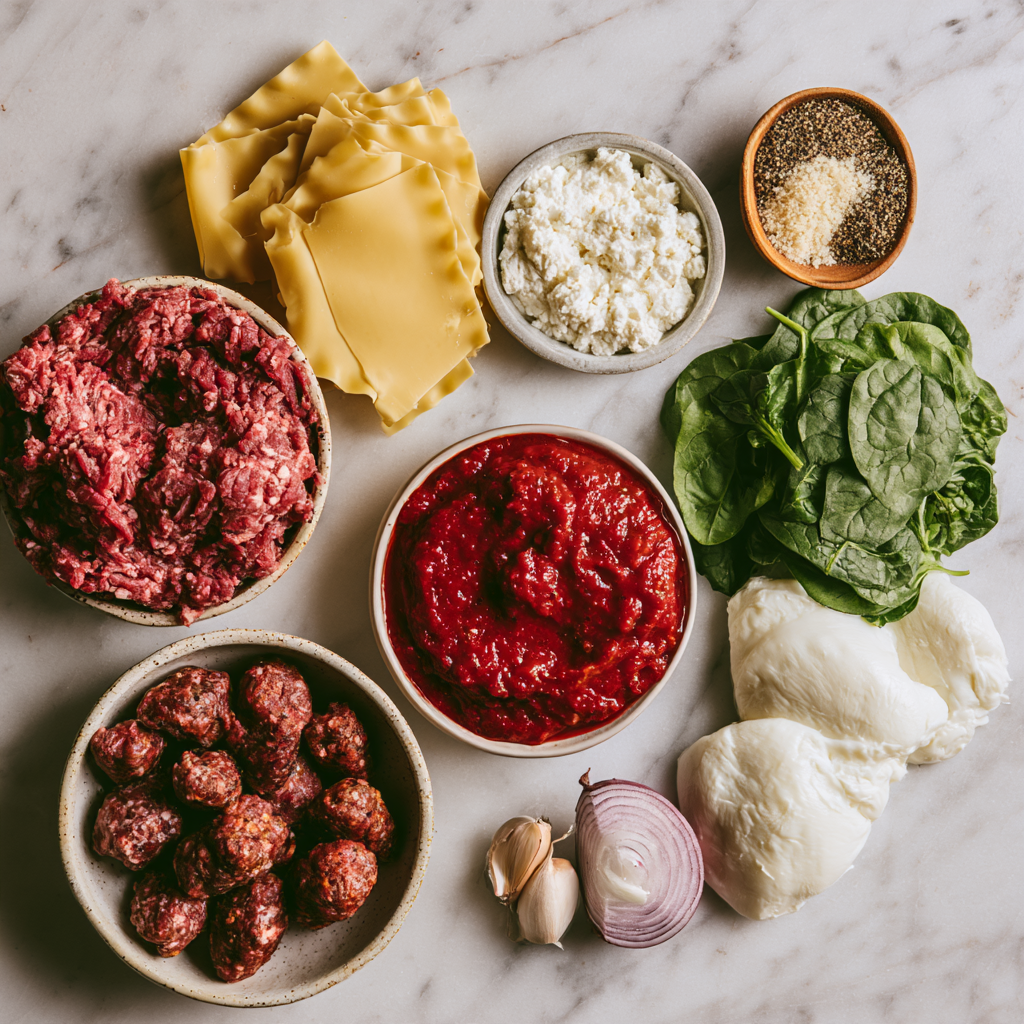 Sheet Pan Lasagna with Ground Beef & Spicy Sausage Ingredients