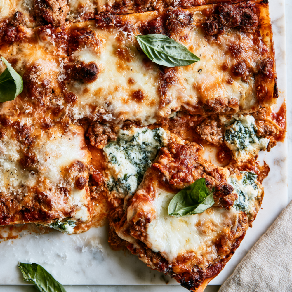 Sheet Pan Lasagna with Ground Beef & Spicy Sausage-closeup