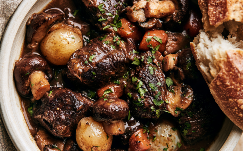 Slow Cooker Beef Bourguignon-with bread