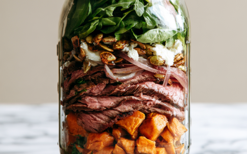 Steak & Sweet Potato Power Bowl Salad in a Mason Jar