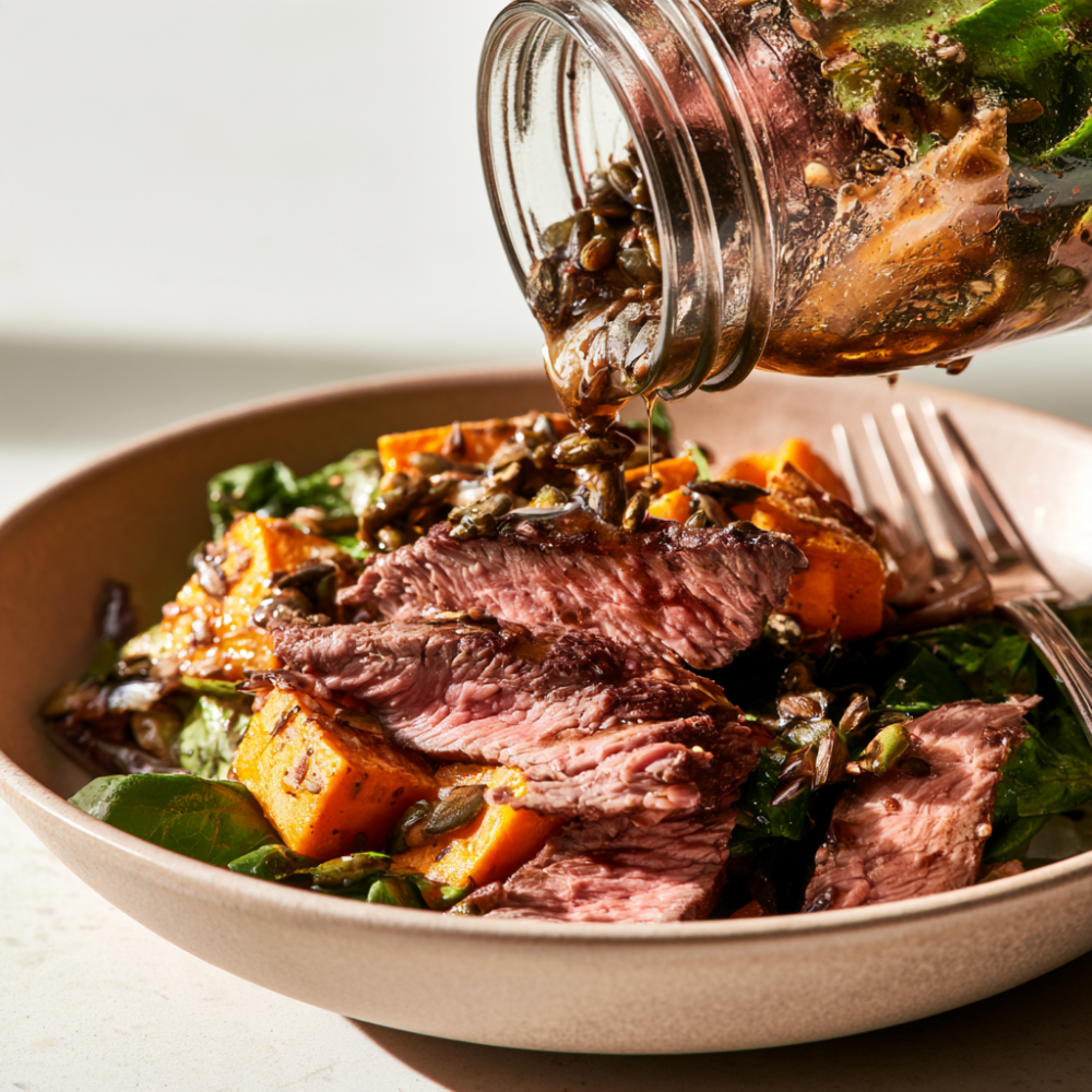 Steak & Sweet Potato Power Bowl Salad in a Mason Jar-Pouring