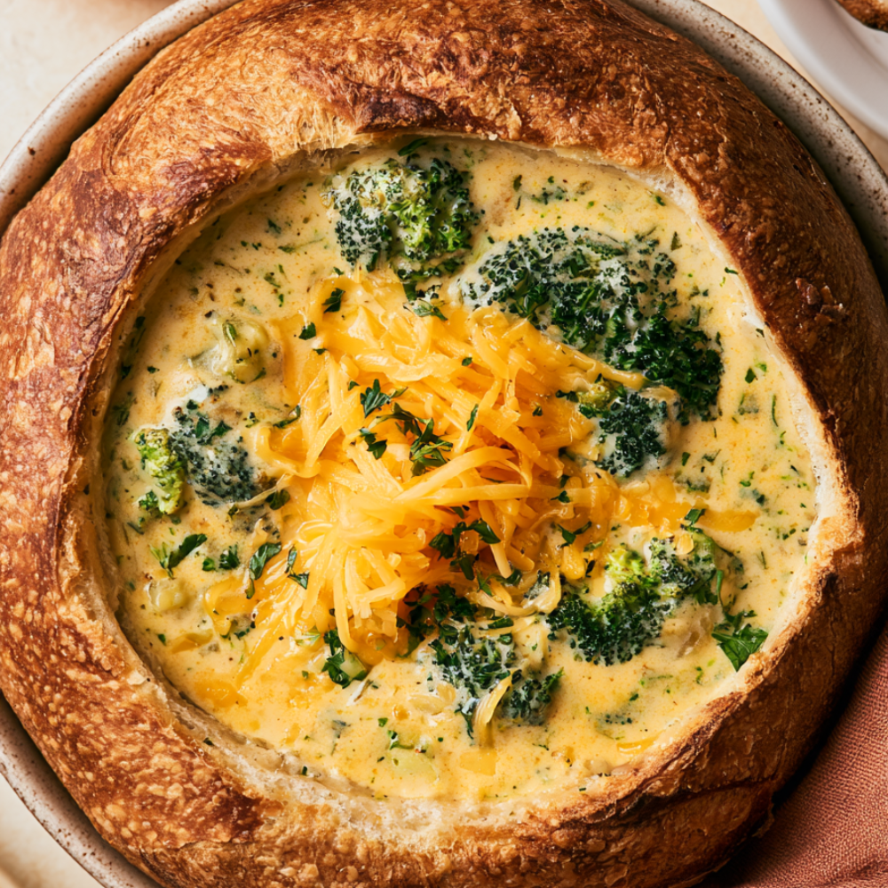 crockpot broccoli cheese soup-bread bowl
