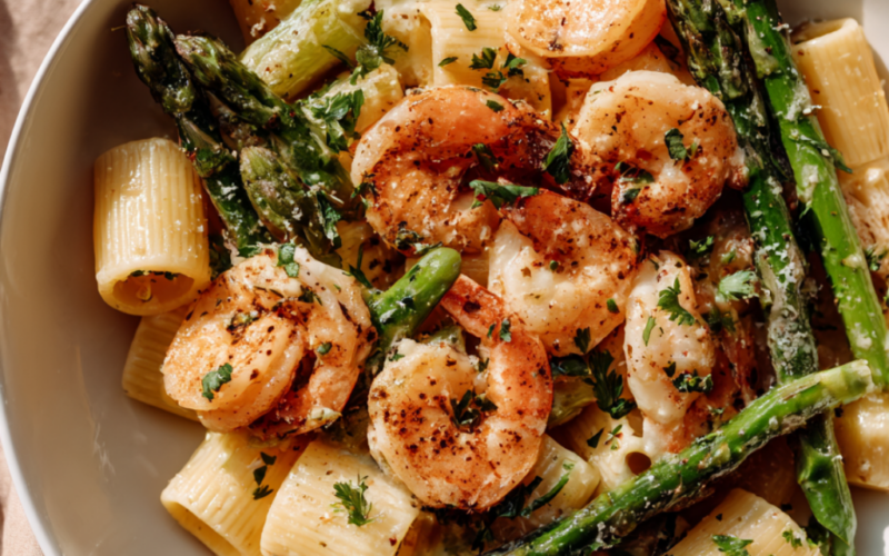 3. Lemon Garlic Shrimp and Asparagus Pasta — 38g Protein