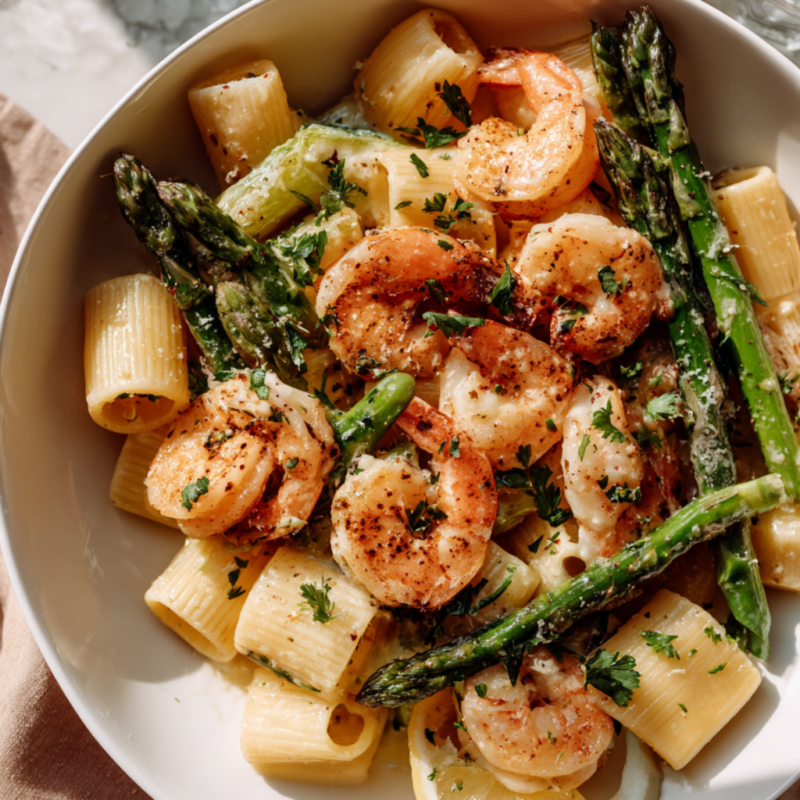 3. Lemon Garlic Shrimp and Asparagus Pasta — 38g Protein