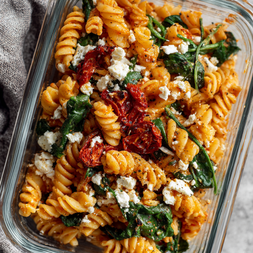 6. Creamy Roasted Red Pepper Chickpea Pasta with Spinach and Feta — 24g Protein