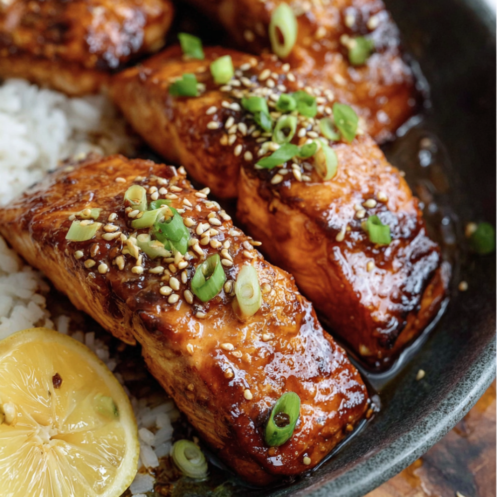 Air Fryer Salmon with Teriyaki Glaze Recipe-over rice