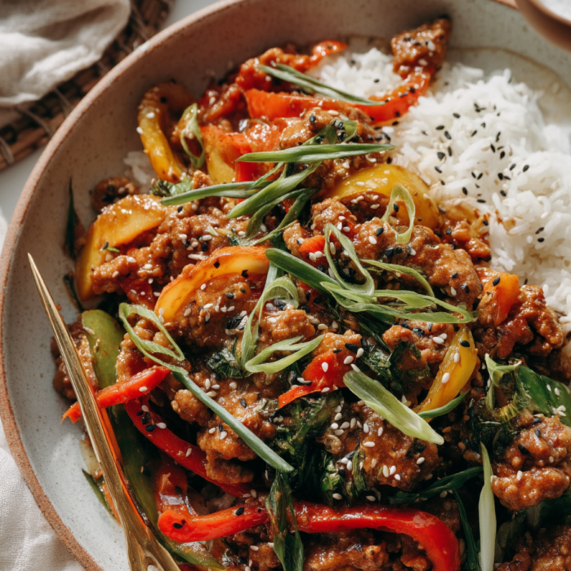 Asian Ground Chicken Stir Fry over rice