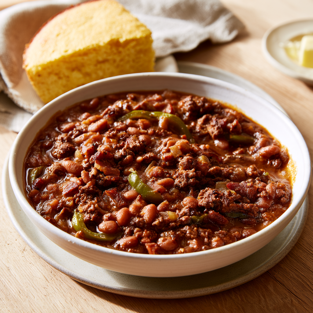 Baked Beans with Ground Beef-served