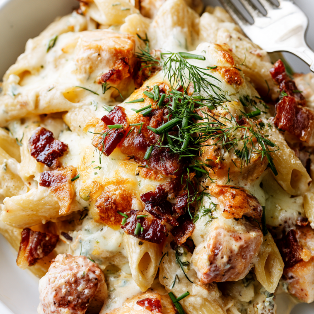 Baked Chicken Bacon Ranch Pasta-served