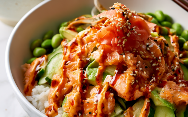 Baked Salmon Sushi Bowl with Spicy Mayo -bowl