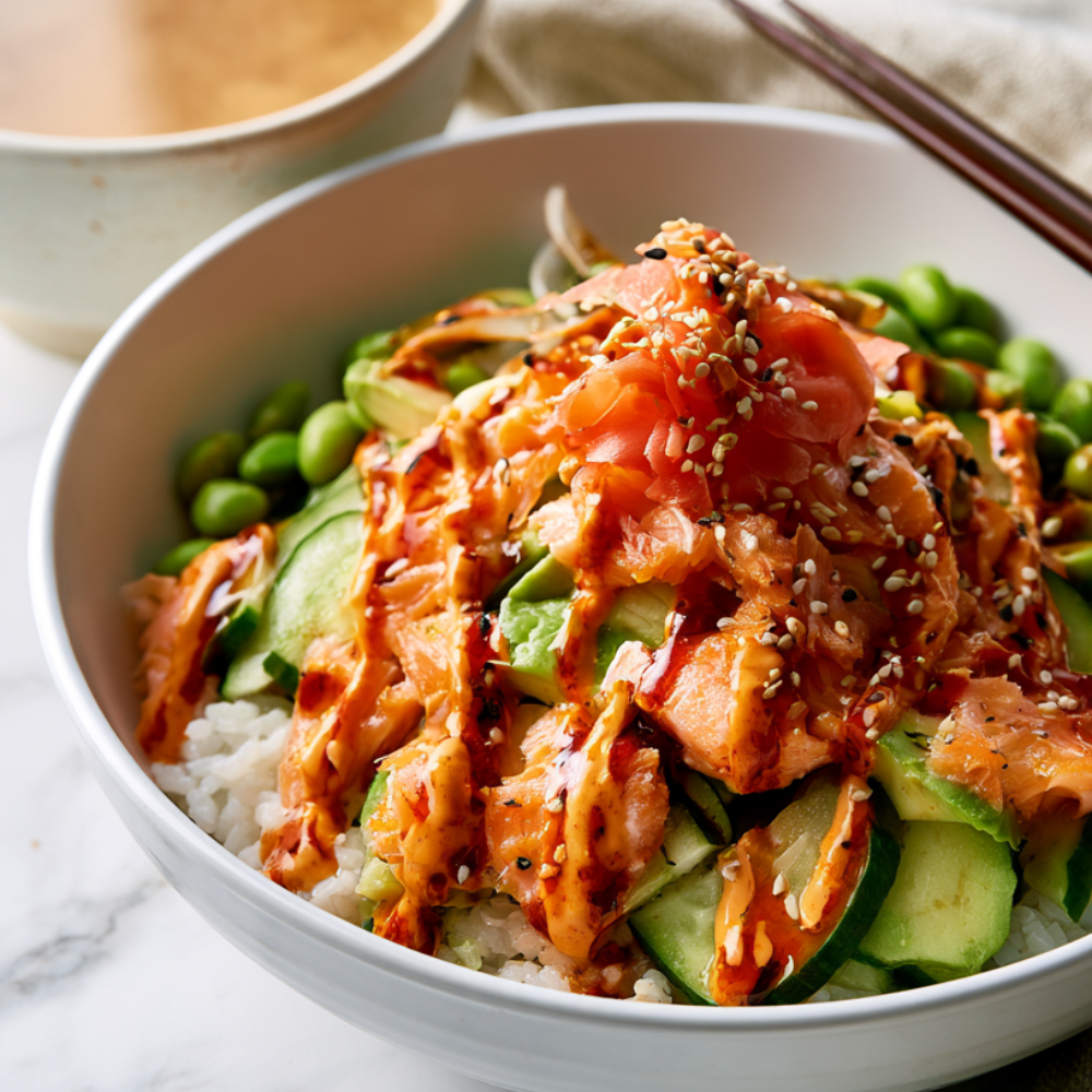 Baked Salmon Sushi Bowl with Spicy Mayo -bowl