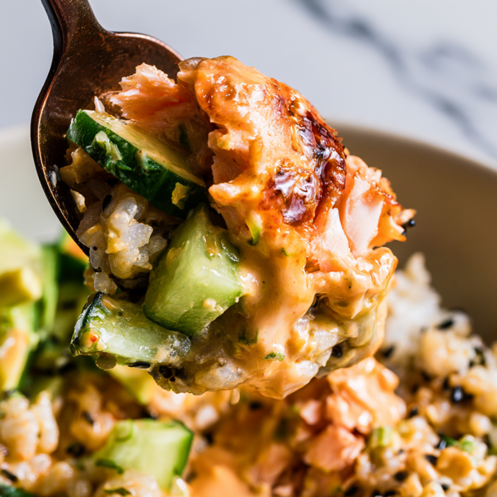 Baked Salmon Sushi Bowl with Spicy Mayo -close up