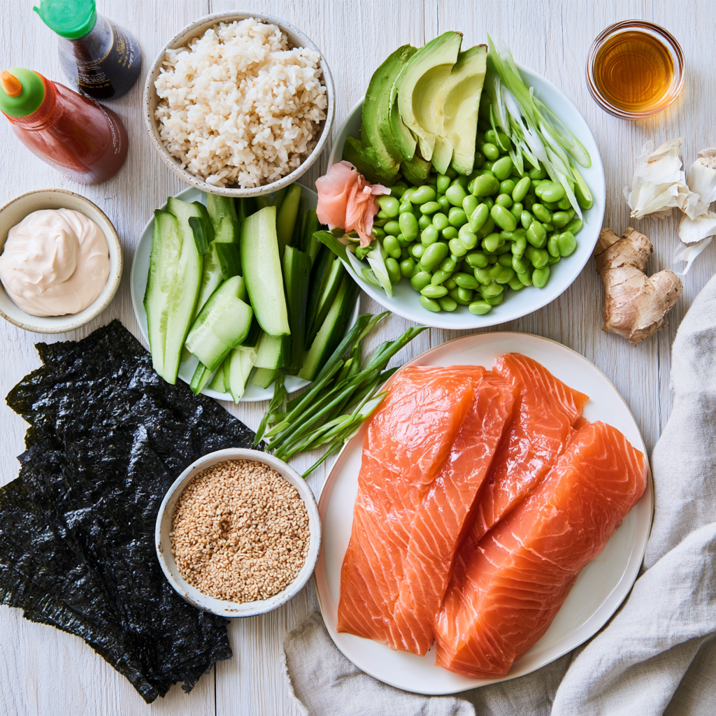 Baked Salmon Sushi Bowl with Spicy Mayo -ingredients