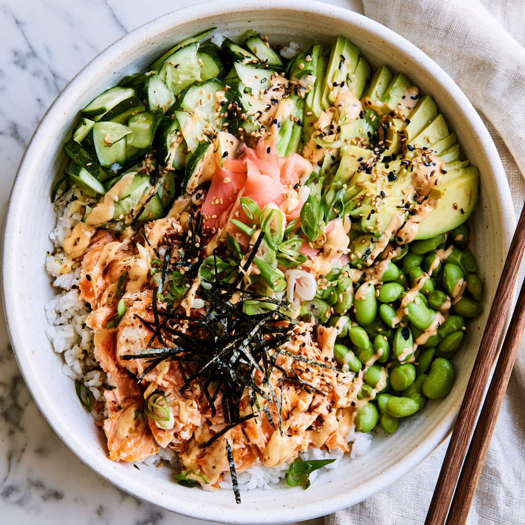 Baked Salmon Sushi Bowl with Spicy Mayo -served
