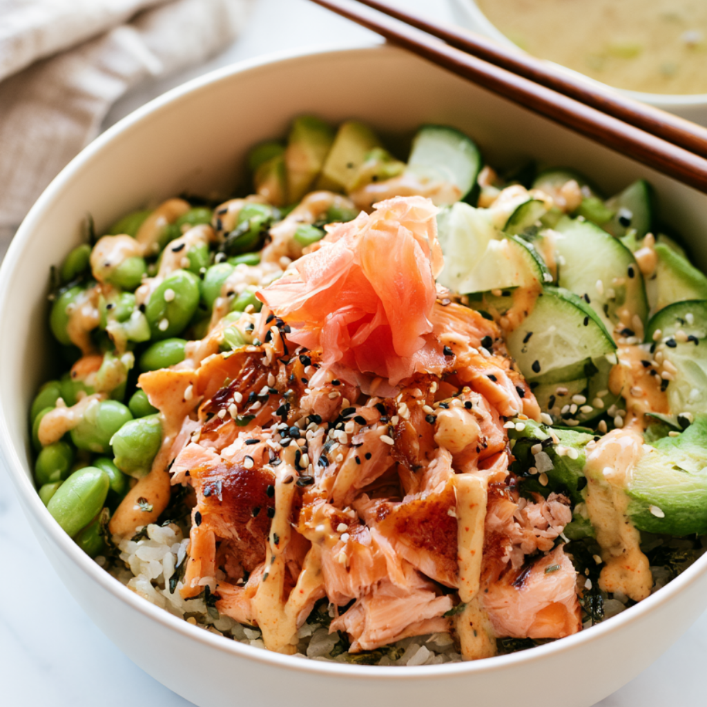 Baked Salmon Sushi Bowl with Spicy Mayo-toppings