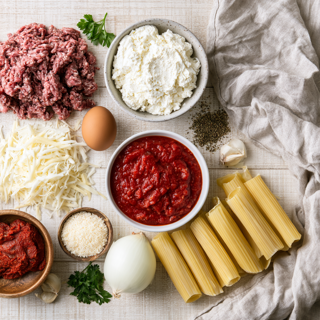 Beef & Ricotta Stuffed Manicotti-ingredients