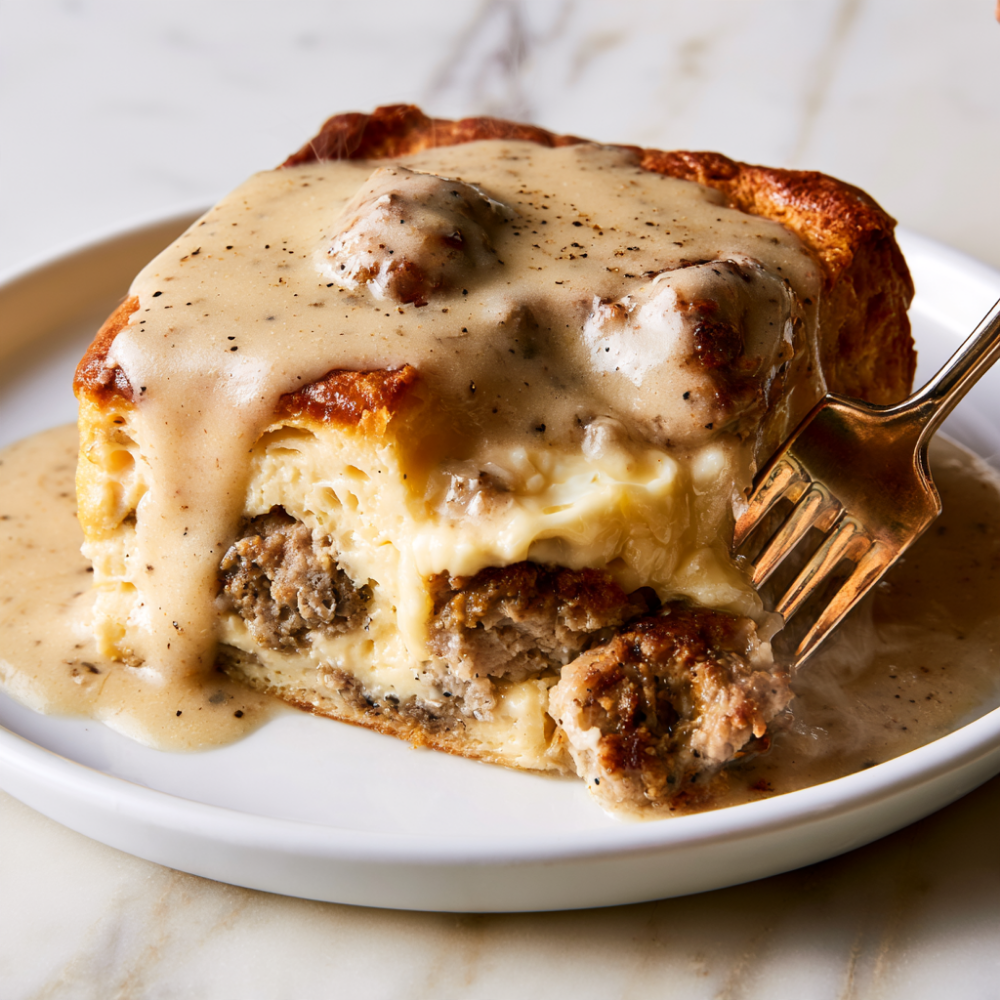 Biscuits and Gravy Breakfast Casserole-served