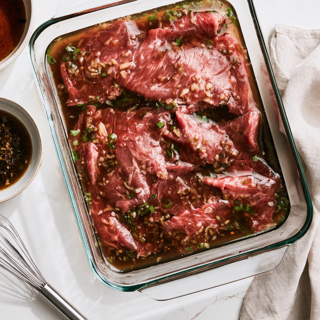 Bulgogi Beef — Easy Korean Meal Prep Bowls-glass container-marinating the beef