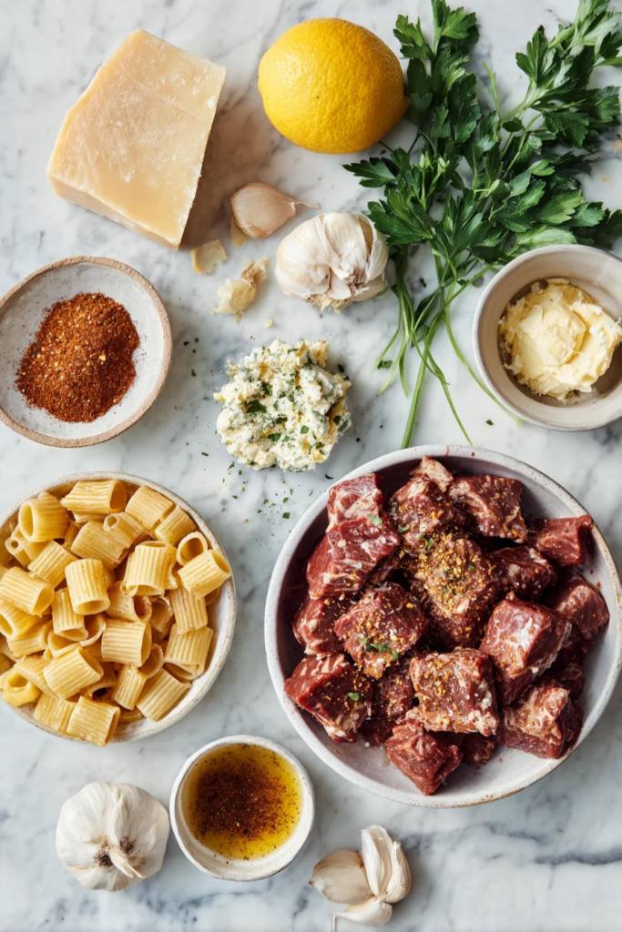 Cajun Steak Tips in Cheesy Rigatoni-ingredients