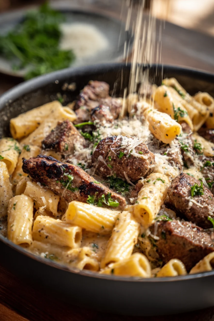 Cajun Steak Tips in Cheesy Rigatoni-cheese