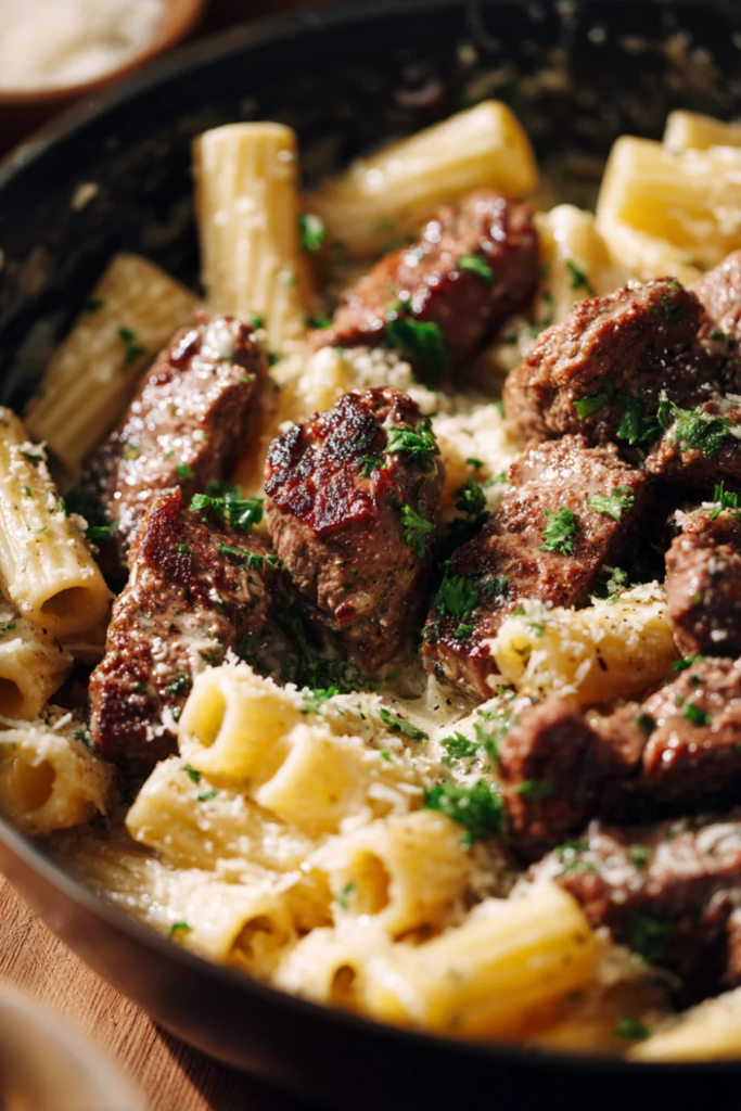 Cajun Steak Tips in Cheesy Rigatoni-skillet