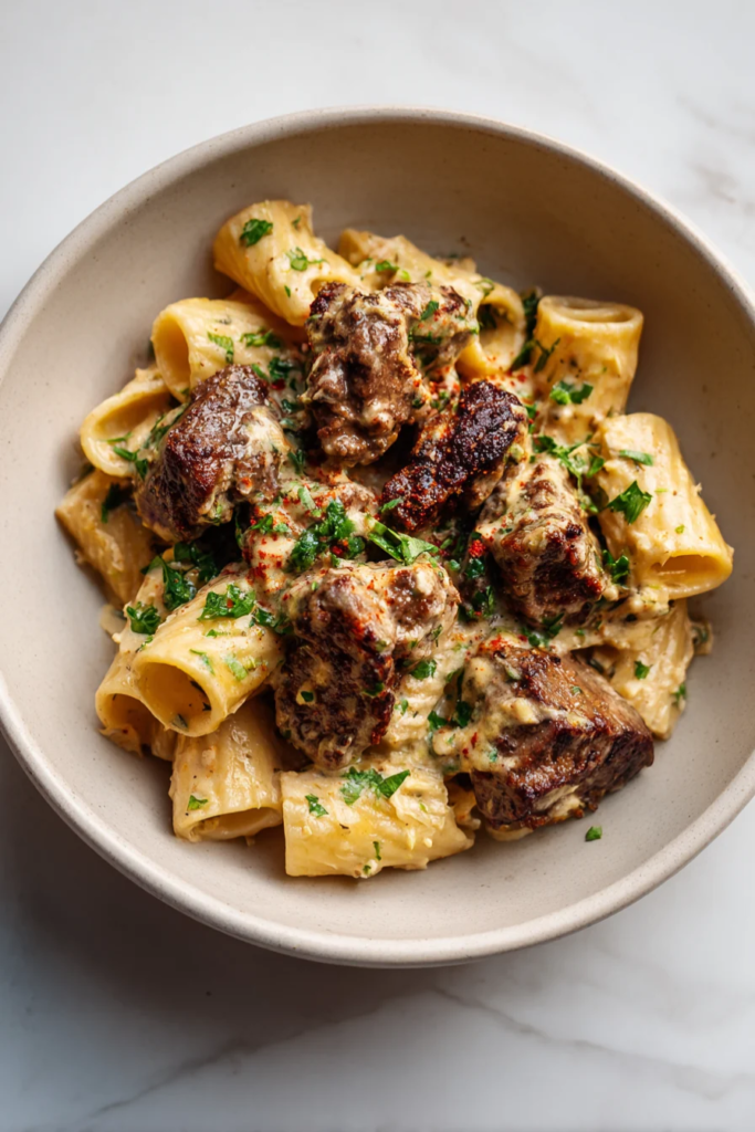 Cajun Steak Tips in Cheesy Sauce