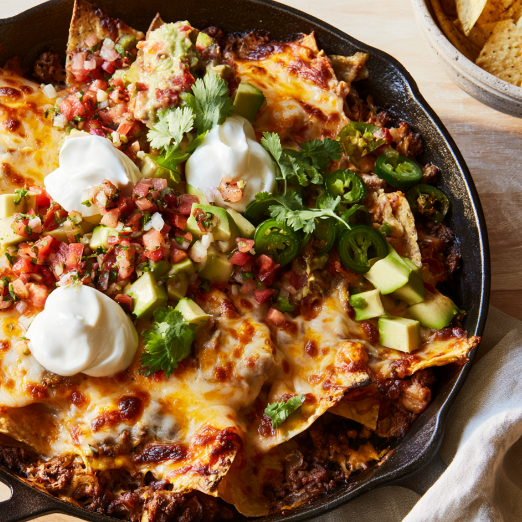 Cast-Iron Skillet Ground Beef Nachos-closeup