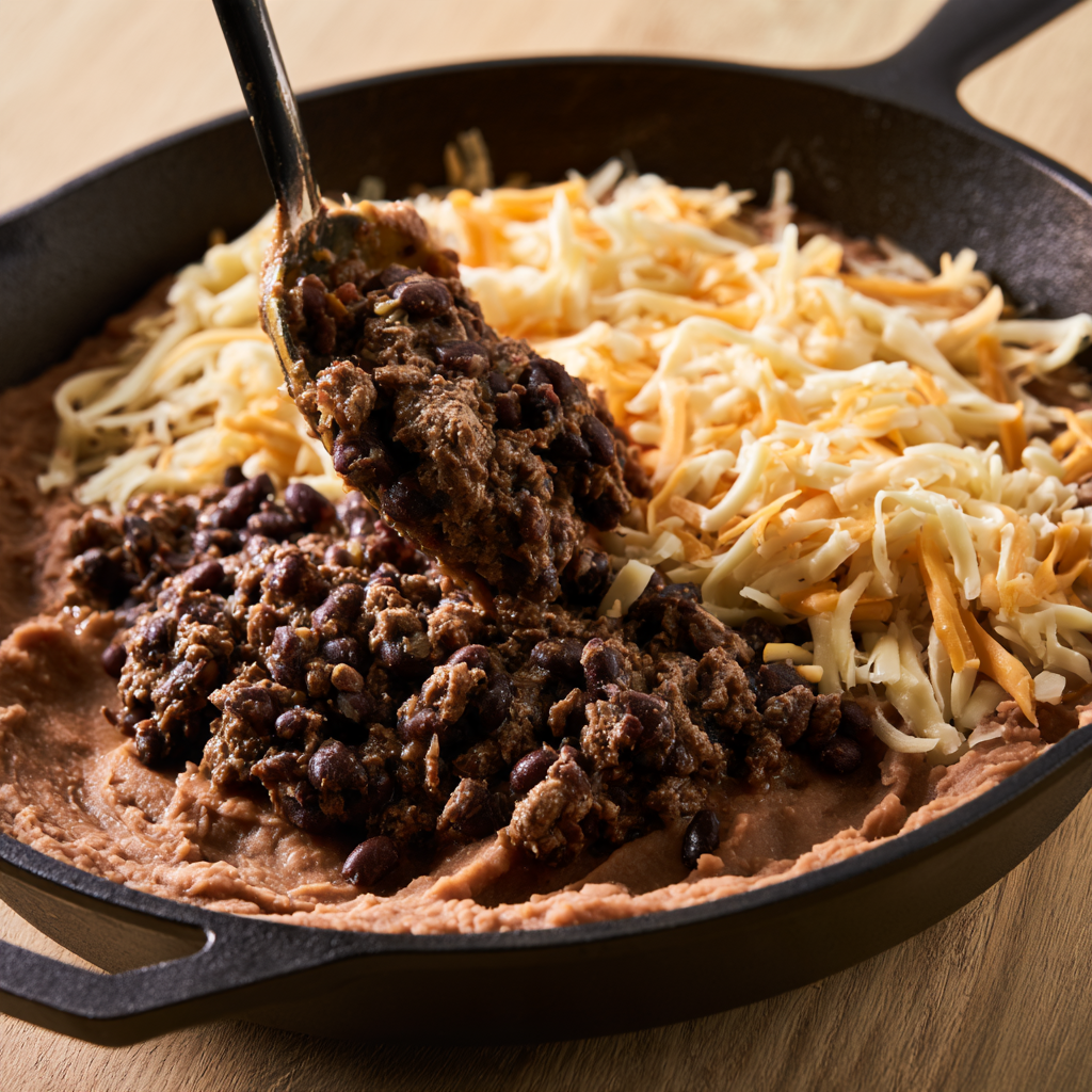 Cast-Iron Skillet Ground Beef Nachos-layering