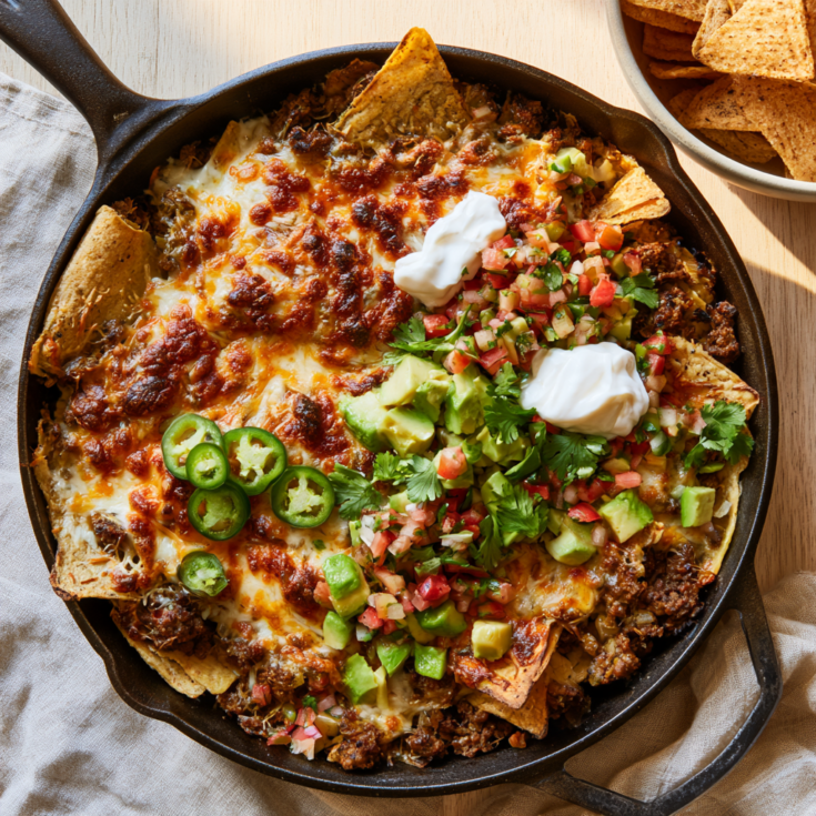 Cast-Iron Skillet Ground Beef Nachos-with toppings