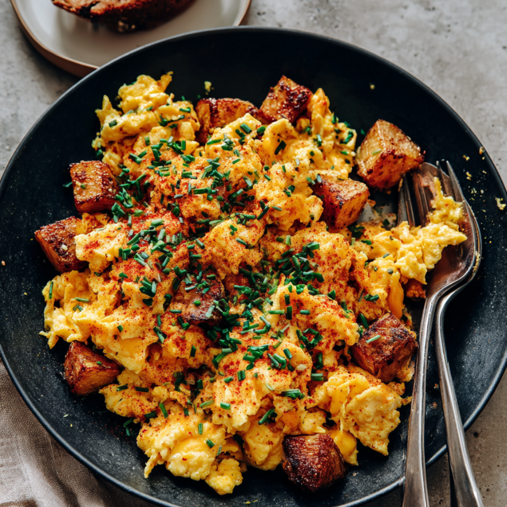 Cheesy Scrambled Eggs with Crispy Potatoes