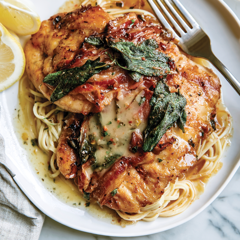 Chicken Saltimbocca with Sage and Prosciutto-over pasta