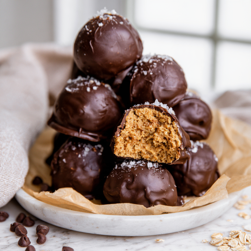 Chocolate Covered Oatmeal Peanut Butter Protein Balls