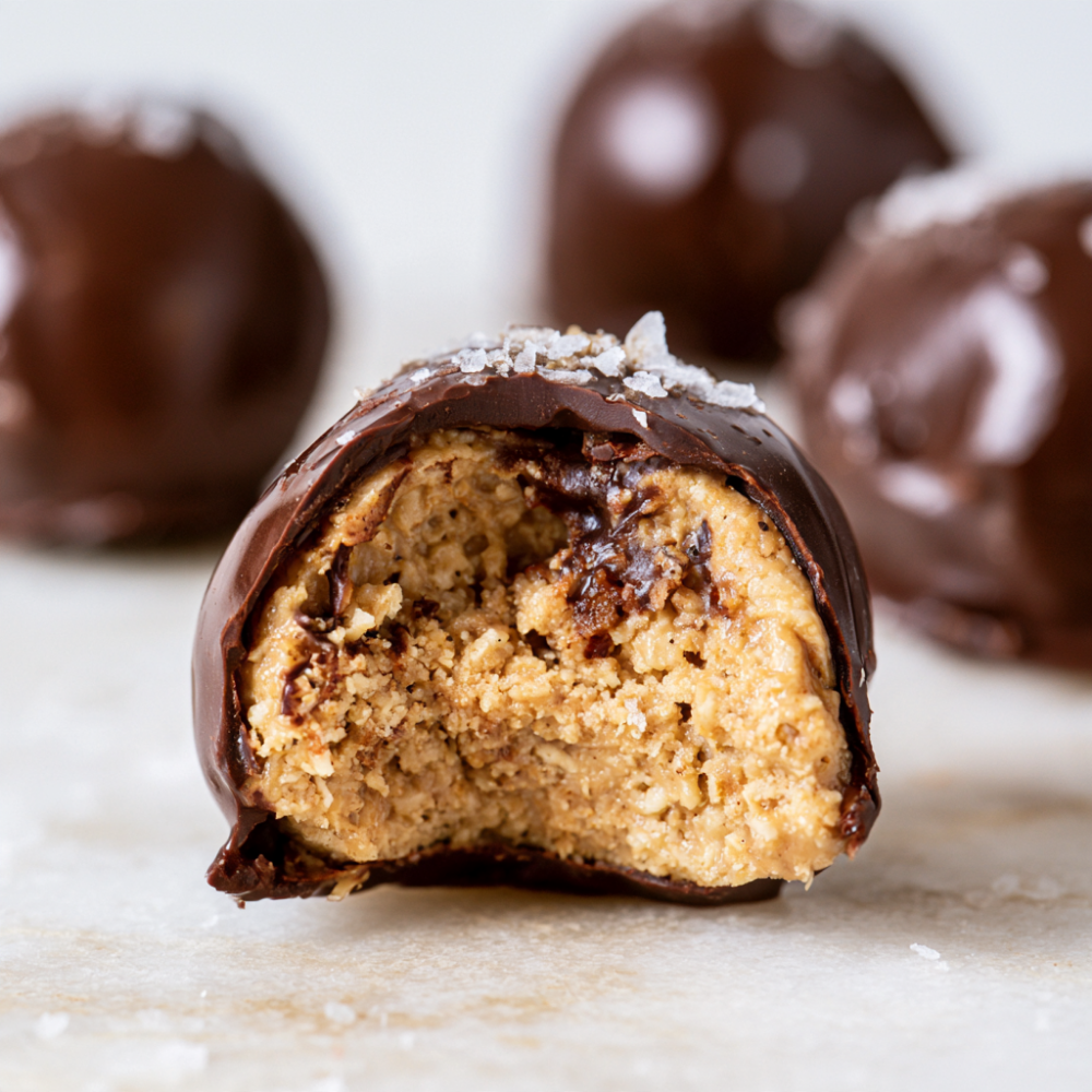 Chocolate Covered Oatmeal Peanut Butter Protein Balls-closeup