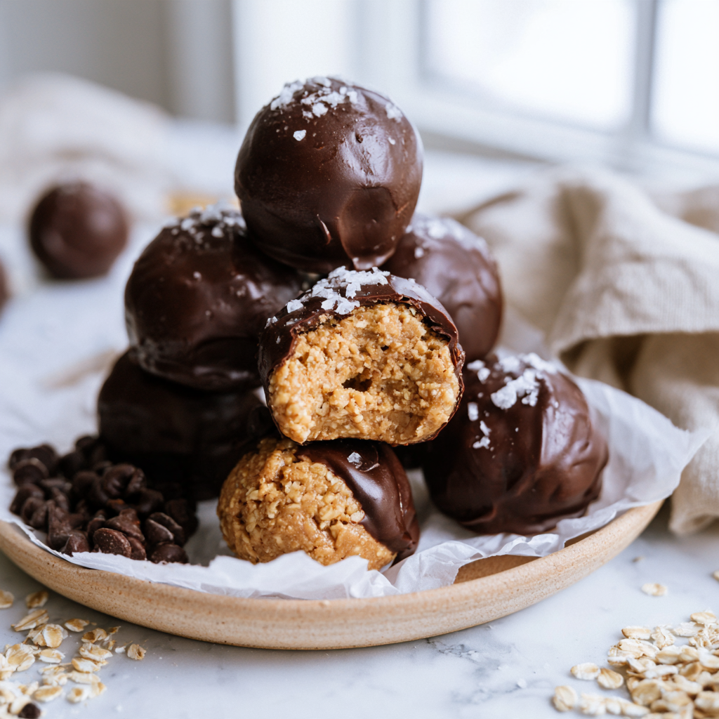 Chocolate Covered Oatmeal Peanut Butter Protein Balls-plated