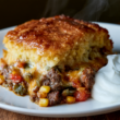 Cornbread Casserole with Ground Beef-served