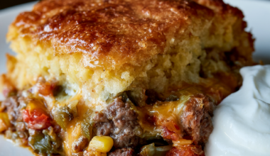 Cornbread Casserole with Ground Beef-served