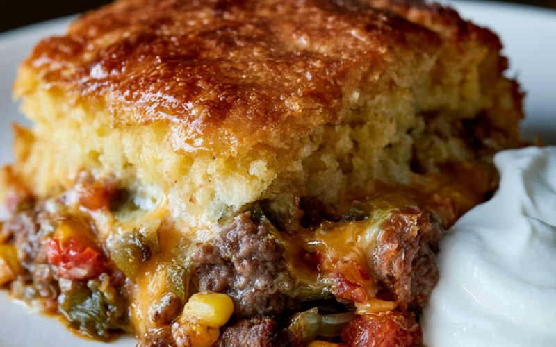 Cornbread Casserole with Ground Beef-served