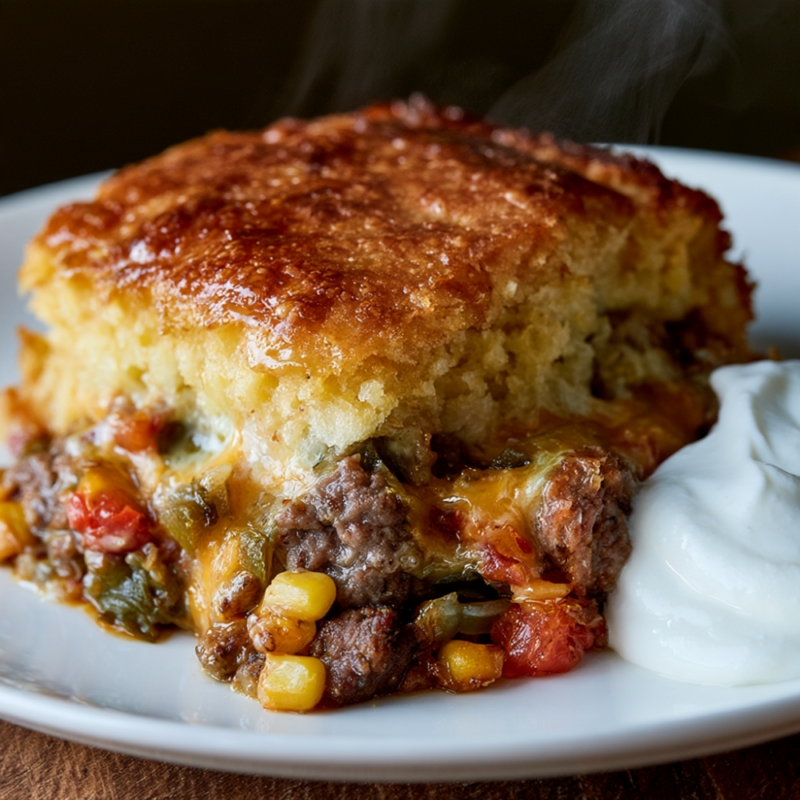 Cornbread Casserole with Ground Beef-served