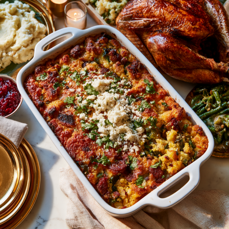 Cornbread Stuffing with Chorizo, Chiles, and Cilantro Recipe-holiday dinner