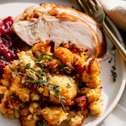 Cornbread Stuffing with Chorizo, Chiles, and Cilantro Recipe-plated