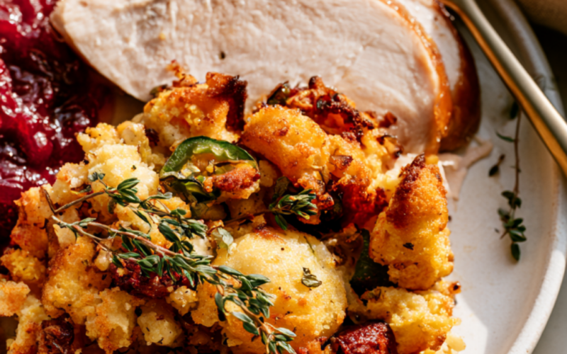 Cornbread Stuffing with Chorizo, Chiles, and Cilantro Recipe-plated