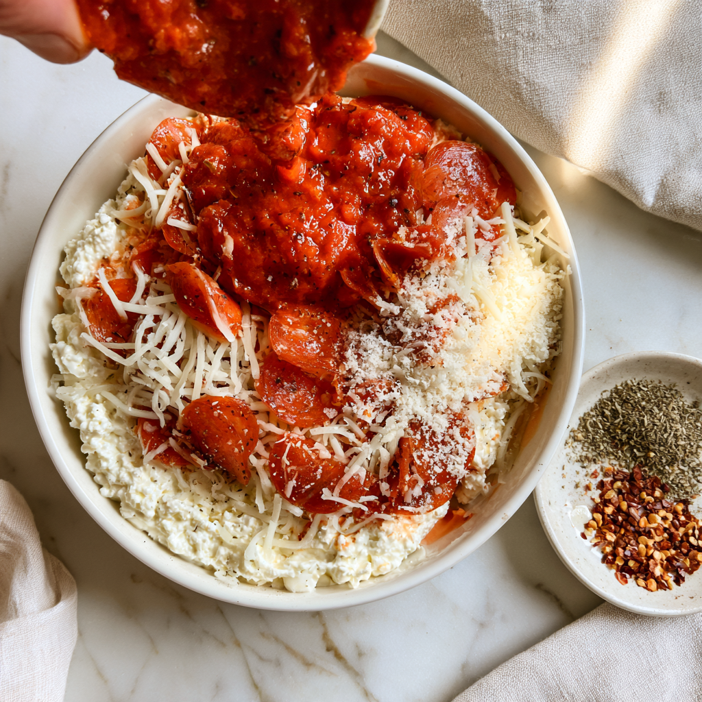 Cottage Cheese Pizza Bowl-assembling