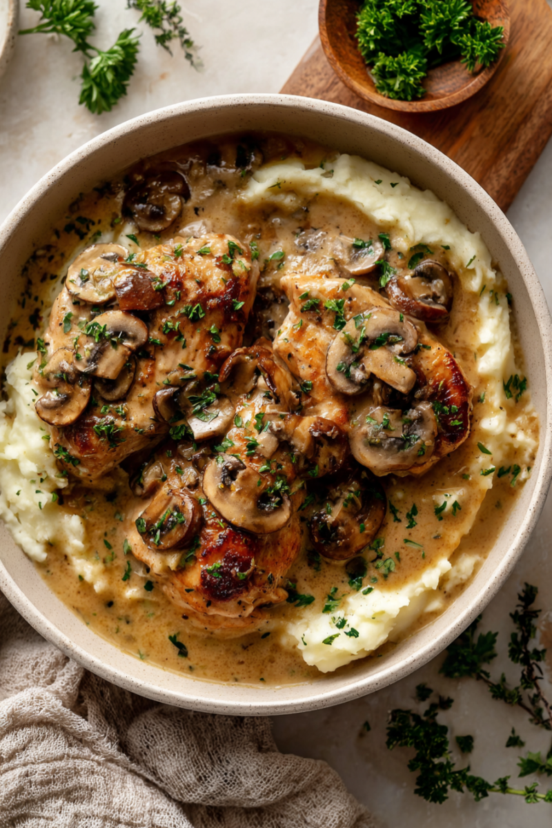 Cream of Mushroom Chicken Crockpot Recipe - over mashed potatoes