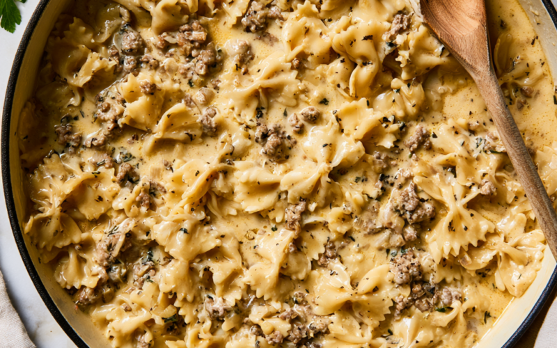 Creamy Beef and Bow Tie Pasta Recipe-one pot