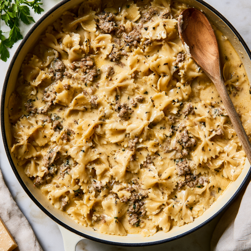 Creamy Beef and Bow Tie Pasta Recipe-one pot