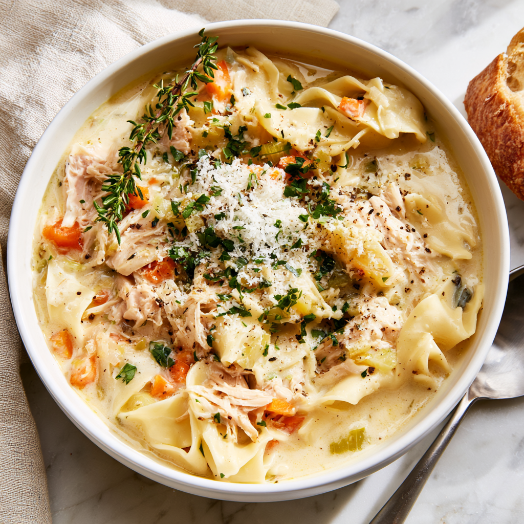 Creamy Chicken Noodle Soup Recipe-served