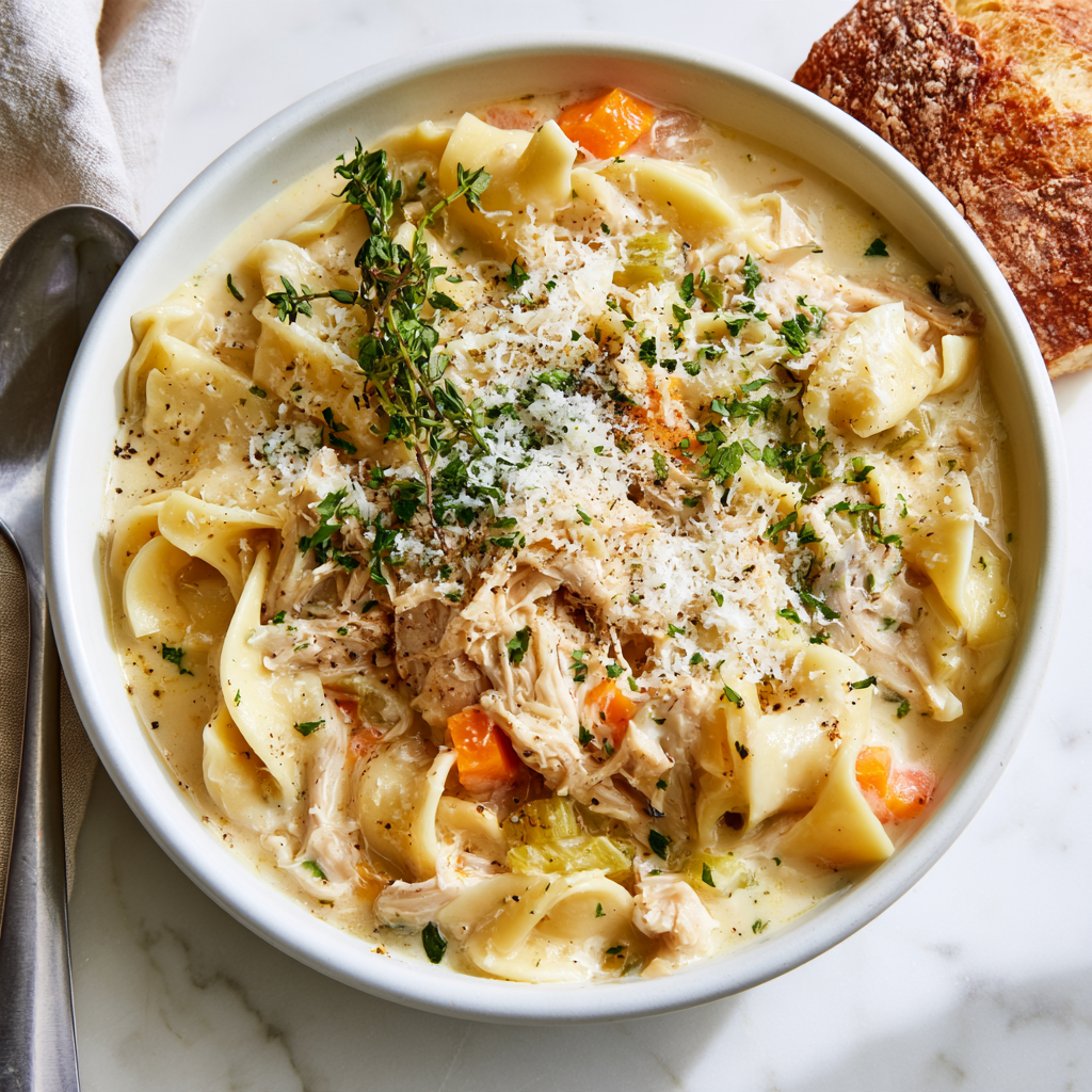 Creamy Chicken Noodle Soup Recipe-with bread